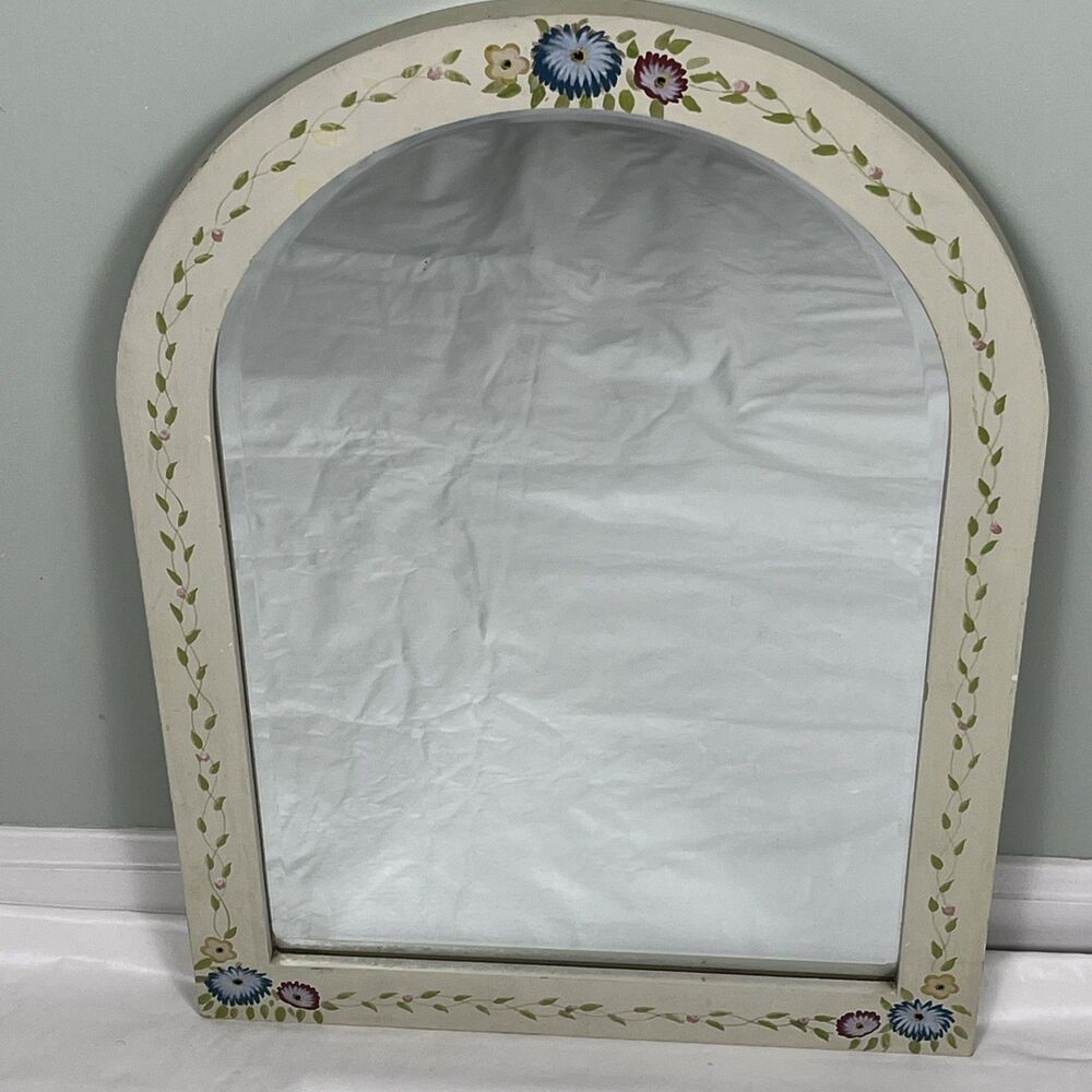 Vintage Hand Painted Arched Wood Mirror Cottagecore Floral 20"x14" DIY Upcycle
